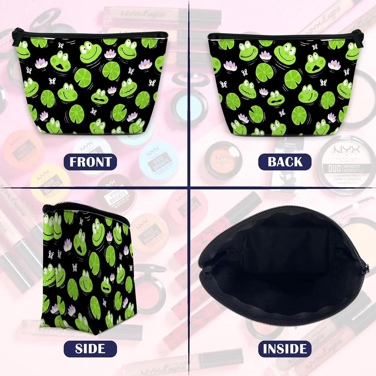 Cute Green Frogs Makeup Bag with Butterflies and Water Lilies, Cosmetic Bag for Women, Waterproof Large Capacity Travel Organizer 9.55.9 Inch