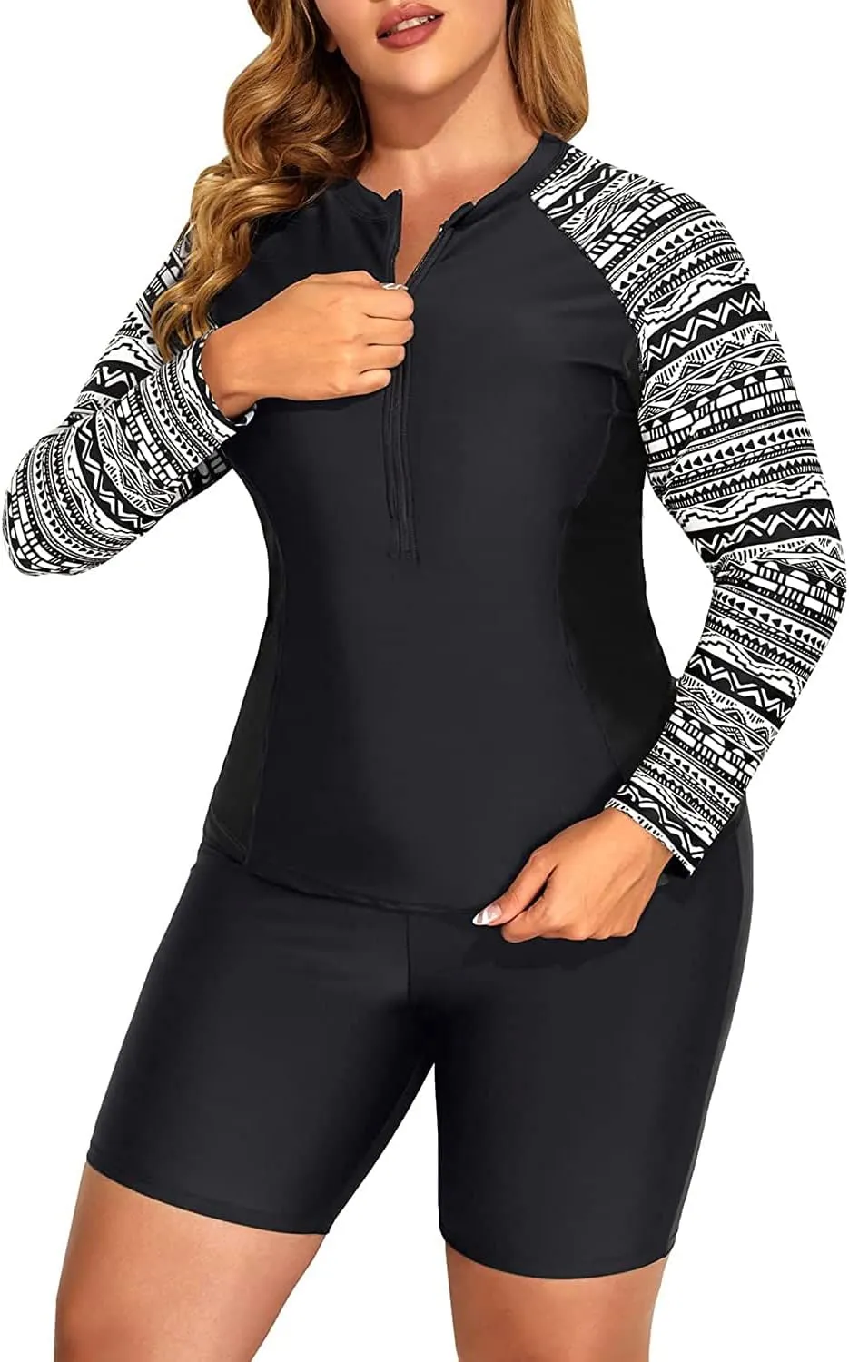 Daci Plus Size Rash Guard for Women - Long Sleeve Swimsuits 2 Piece Bathing Suit Built in Bra Swim Shirt with Shorts