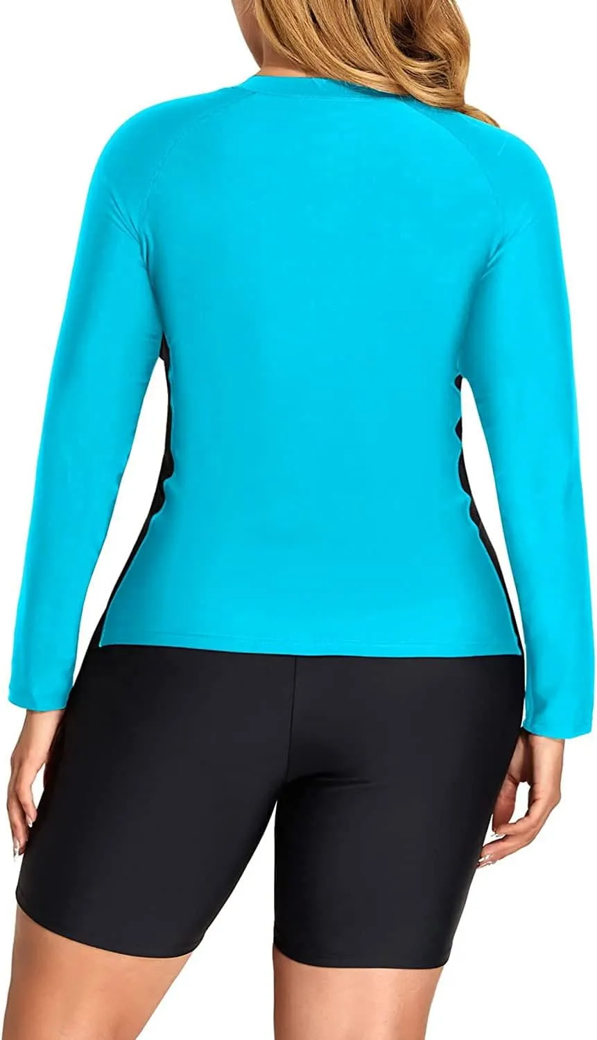 Daci Plus Size Rash Guard for Women - Long Sleeve Swimsuits 2 Piece Bathing Suit Built in Bra Swim Shirt with Shorts