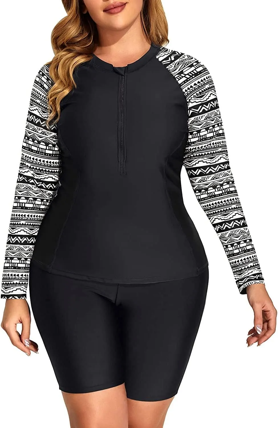 Daci Plus Size Rash Guard for Women - Long Sleeve Swimsuits 2 Piece Bathing Suit Built in Bra Swim Shirt with Shorts