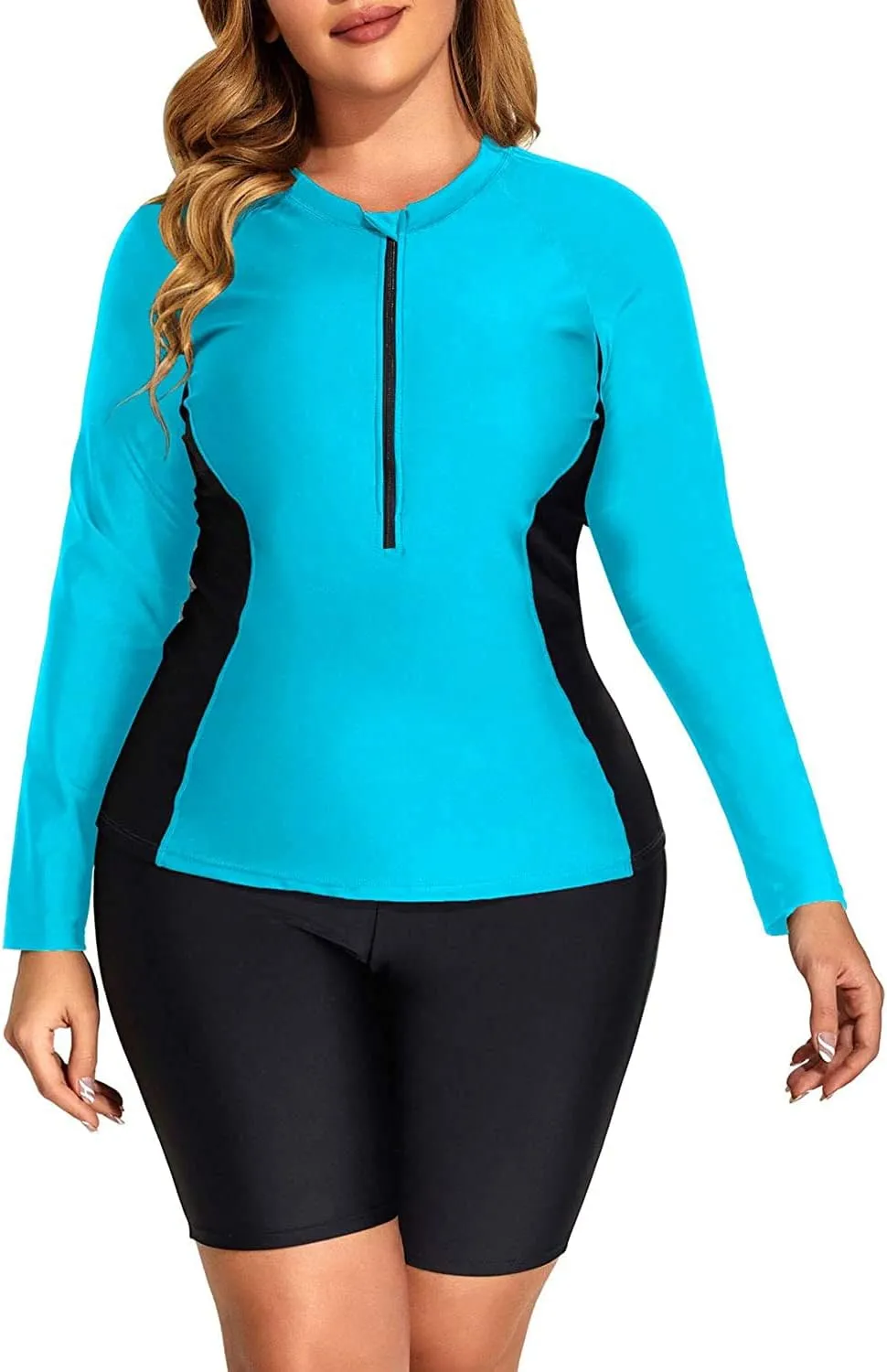 Daci Plus Size Rash Guard for Women - Long Sleeve Swimsuits 2 Piece Bathing Suit Built in Bra Swim Shirt with Shorts