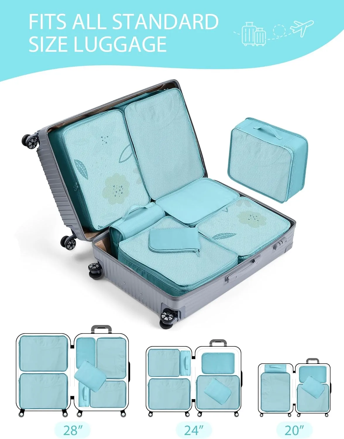 DIMJ Packing Cubes Suitcase, 8 Pieces Packing Cubes for Travel, With Toiletry Bag Hanging, Packing Cubes Carry on Luggage Cubes Packing for Clothes, Shoes, Underwear, Cosmetics, Travel Essential(Blue