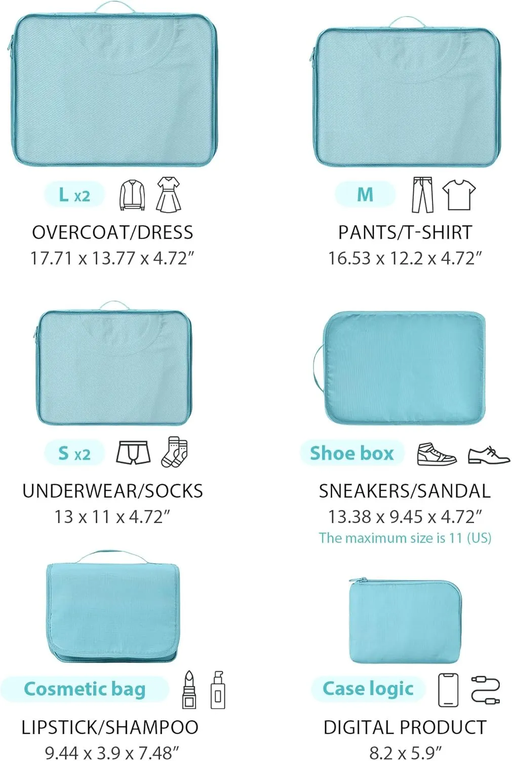 DIMJ Packing Cubes Suitcase, 8 Pieces Packing Cubes for Travel, With Toiletry Bag Hanging, Packing Cubes Carry on Luggage Cubes Packing for Clothes, Shoes, Underwear, Cosmetics, Travel Essential(Blue