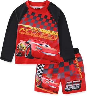 Disney Cars Lightning McQueen Boys UPF 50  Rash Guard and Swim Trunks Swimsuit Set for Toddler and Big Kids