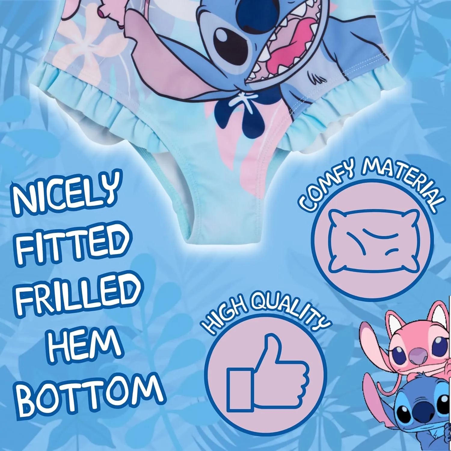 Disney Girls Stitch Swimming Costume Angel Swimsuit One Piece Kids Swimwear Beach Pool