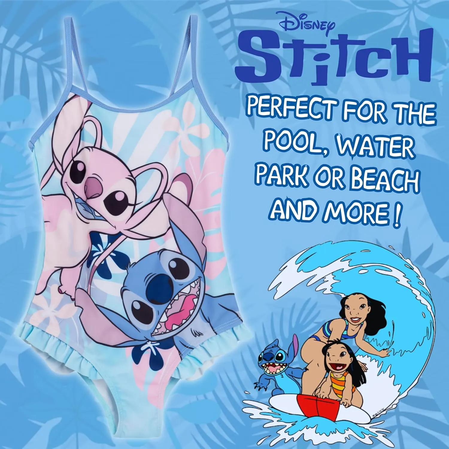 Disney Girls Stitch Swimming Costume Angel Swimsuit One Piece Kids Swimwear Beach Pool