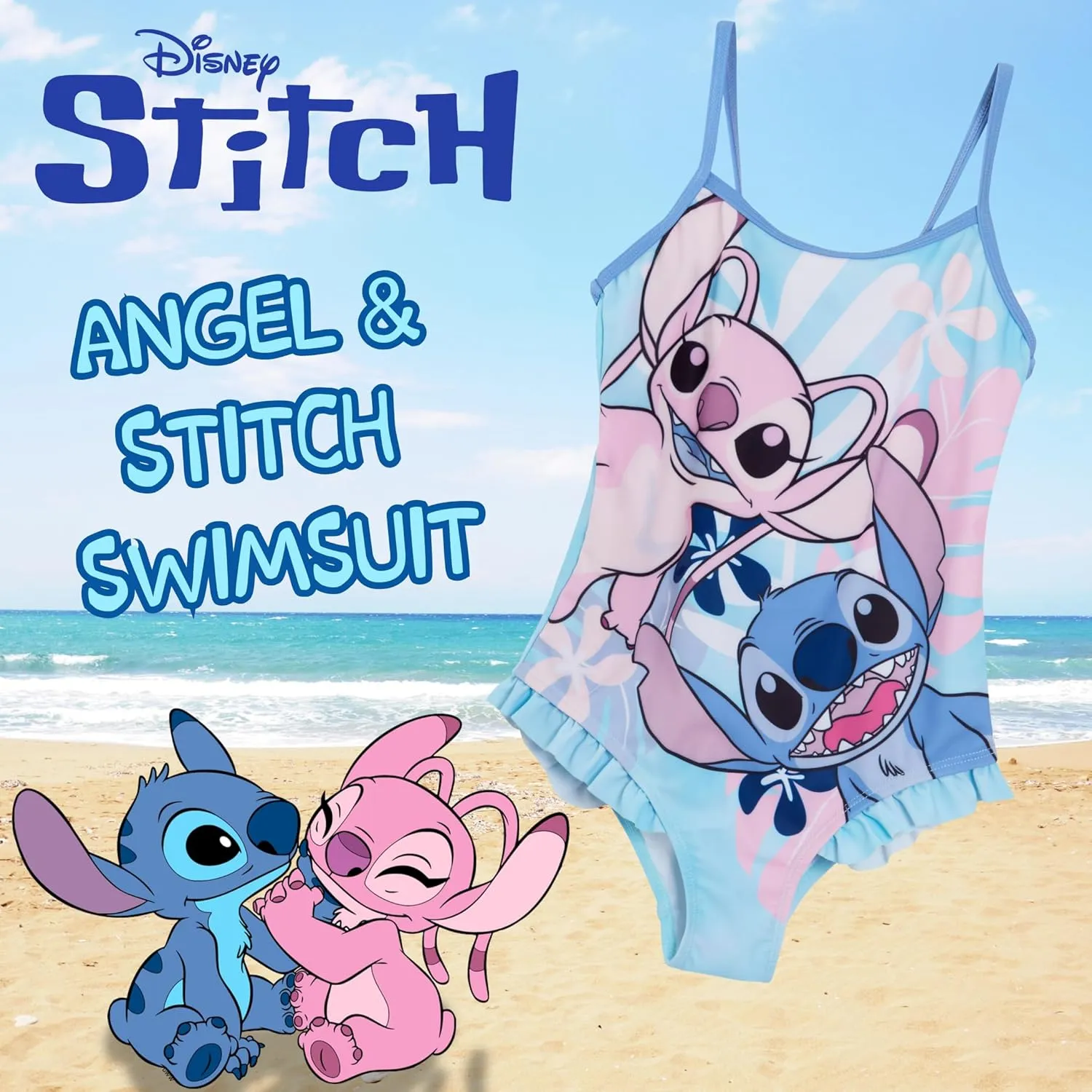 Disney Girls Stitch Swimming Costume Angel Swimsuit One Piece Kids Swimwear Beach Pool