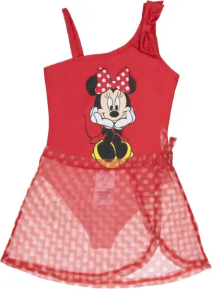 Disney The Little Mermaid, Minnie Mouse Girls Swimsuit Set, One Piece Bathing Suit and Coverup Skirt, Swimwear for Kids