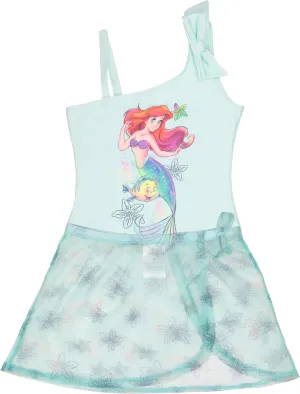 Disney The Little Mermaid, Minnie Mouse Girls Swimsuit Set, One Piece Bathing Suit and Coverup Skirt, Swimwear for Kids