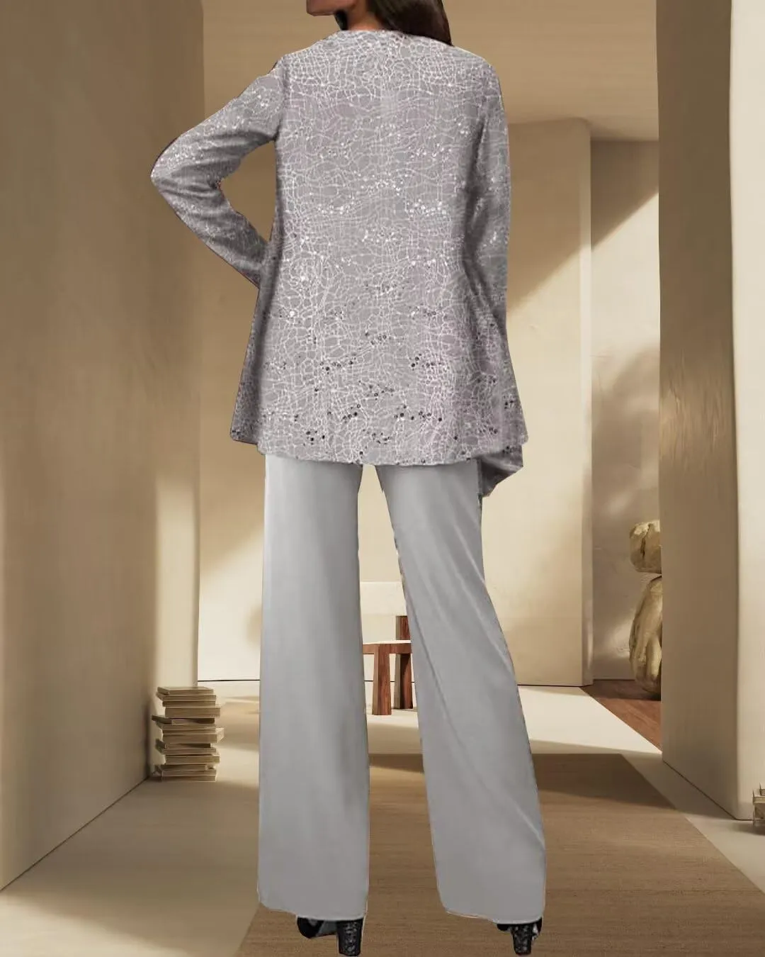 Dressy Pant Suits for Wedding Sparkly Sequin Outfit with Sleeves 3 Pieces Mother of The Bride with Jacket for Women