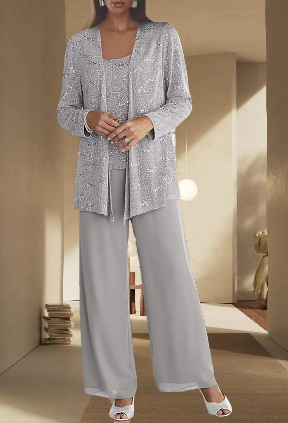 Dressy Pant Suits for Wedding Sparkly Sequin Outfit with Sleeves 3 Pieces Mother of The Bride with Jacket for Women