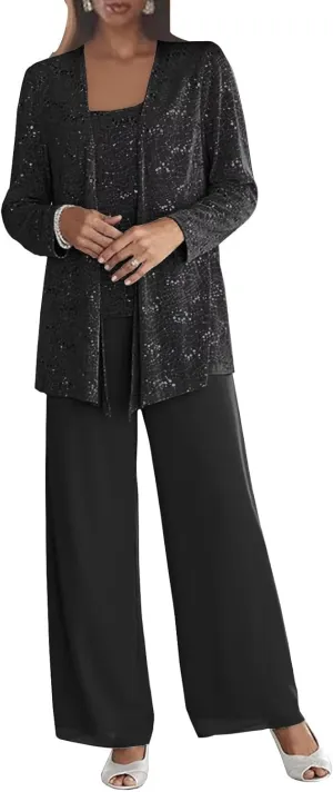 Dressy Pant Suits for Wedding Sparkly Sequin Outfit with Sleeves 3 Pieces Mother of The Bride with Jacket for Women