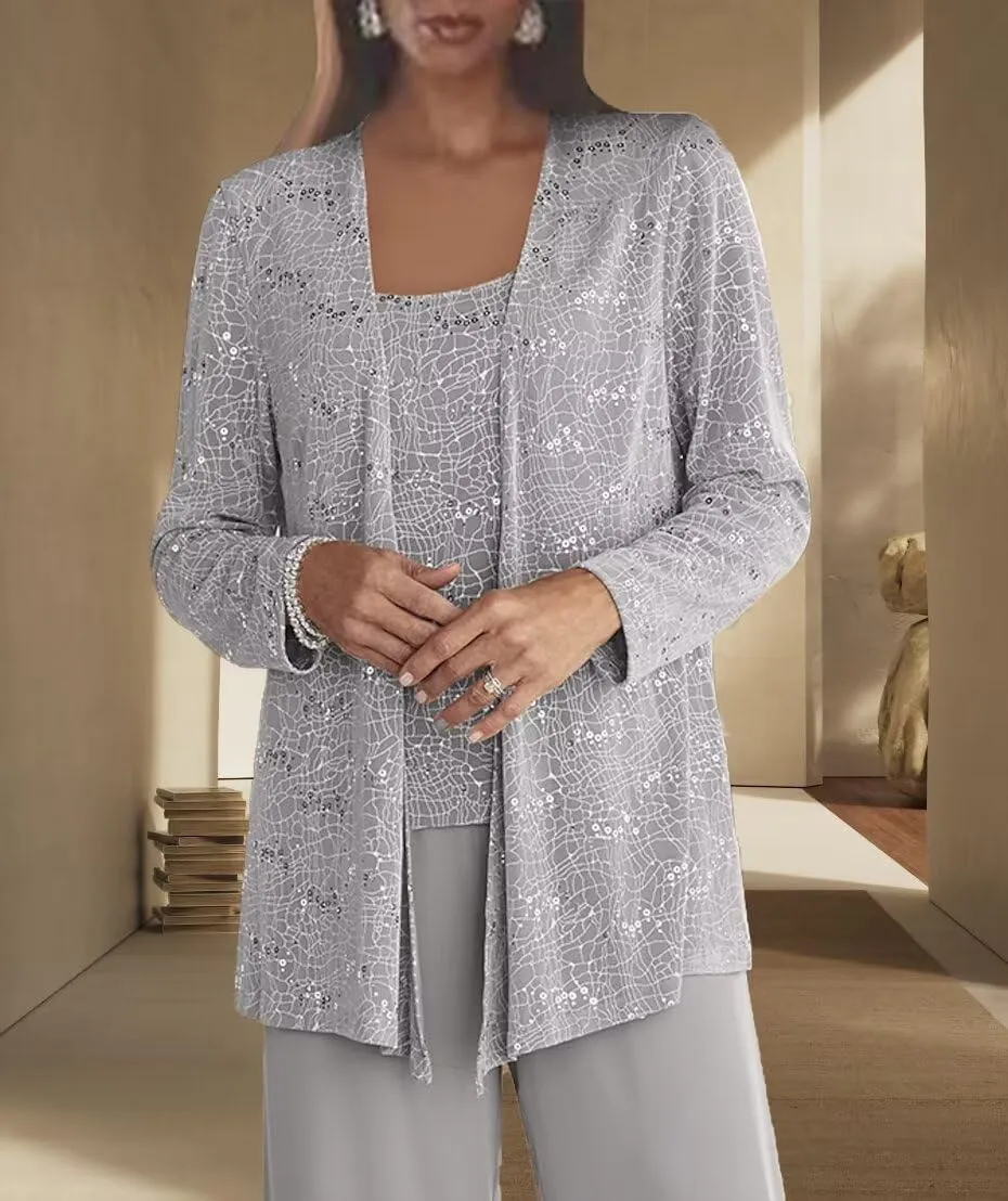 Dressy Pant Suits for Wedding Sparkly Sequin Outfit with Sleeves 3 Pieces Mother of The Bride with Jacket for Women