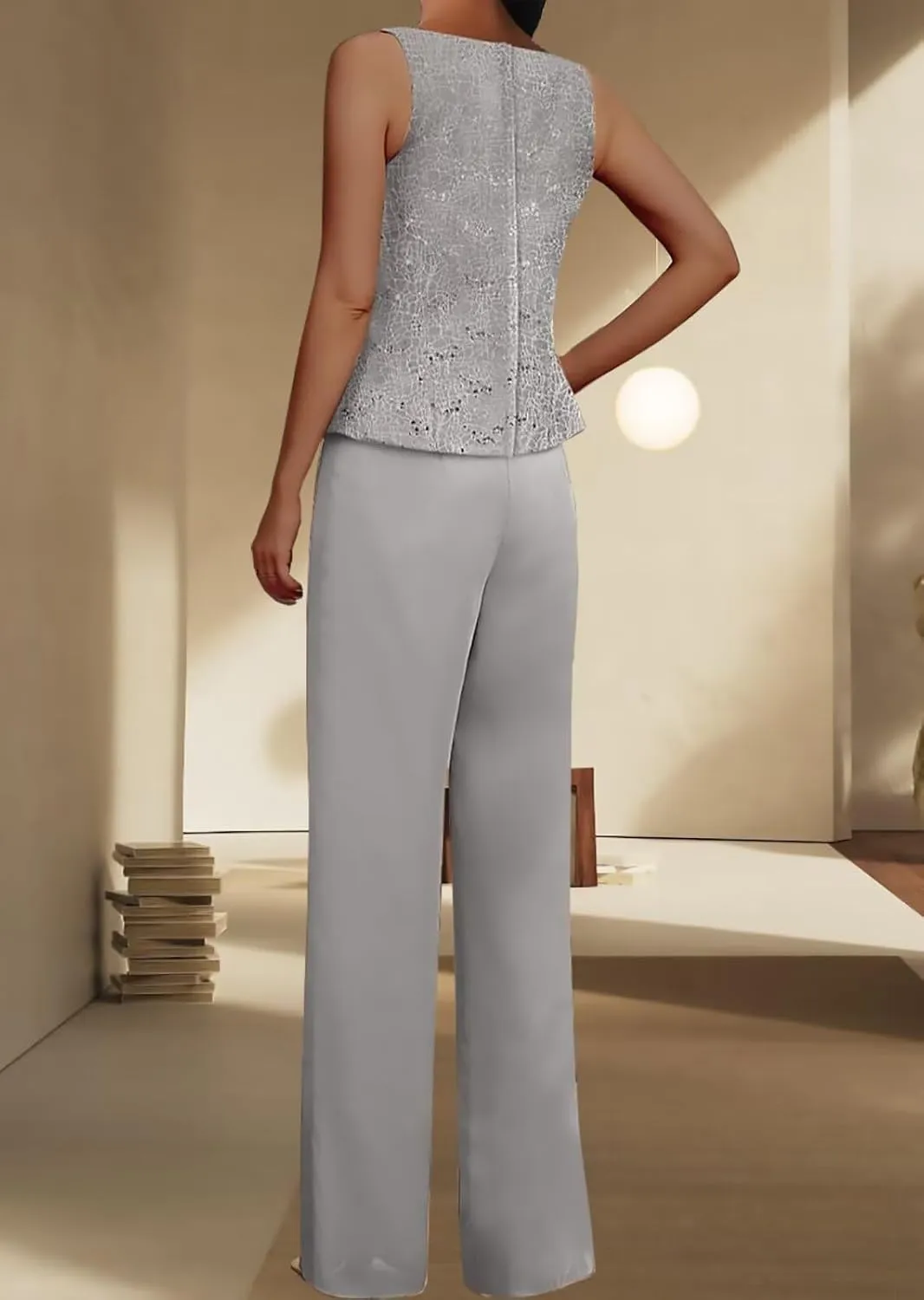 Dressy Pant Suits for Wedding Sparkly Sequin Outfit with Sleeves 3 Pieces Mother of The Bride with Jacket for Women