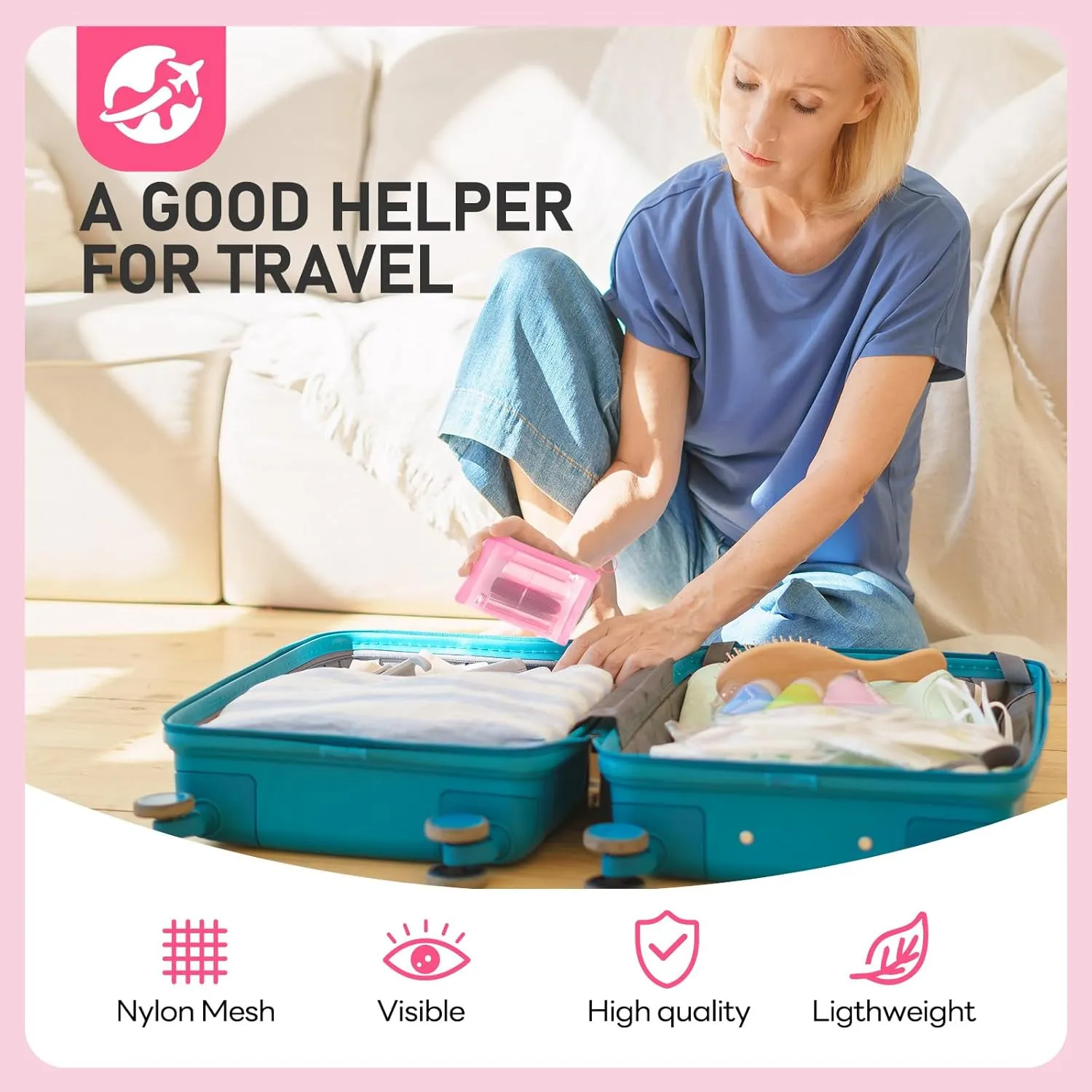 EASYFUN Mesh Zipper Bag Purse Organizer Makeup/Cosmetic Bag Travel Toiletry Bag Coin Pouch Daily Accessories(Pink)