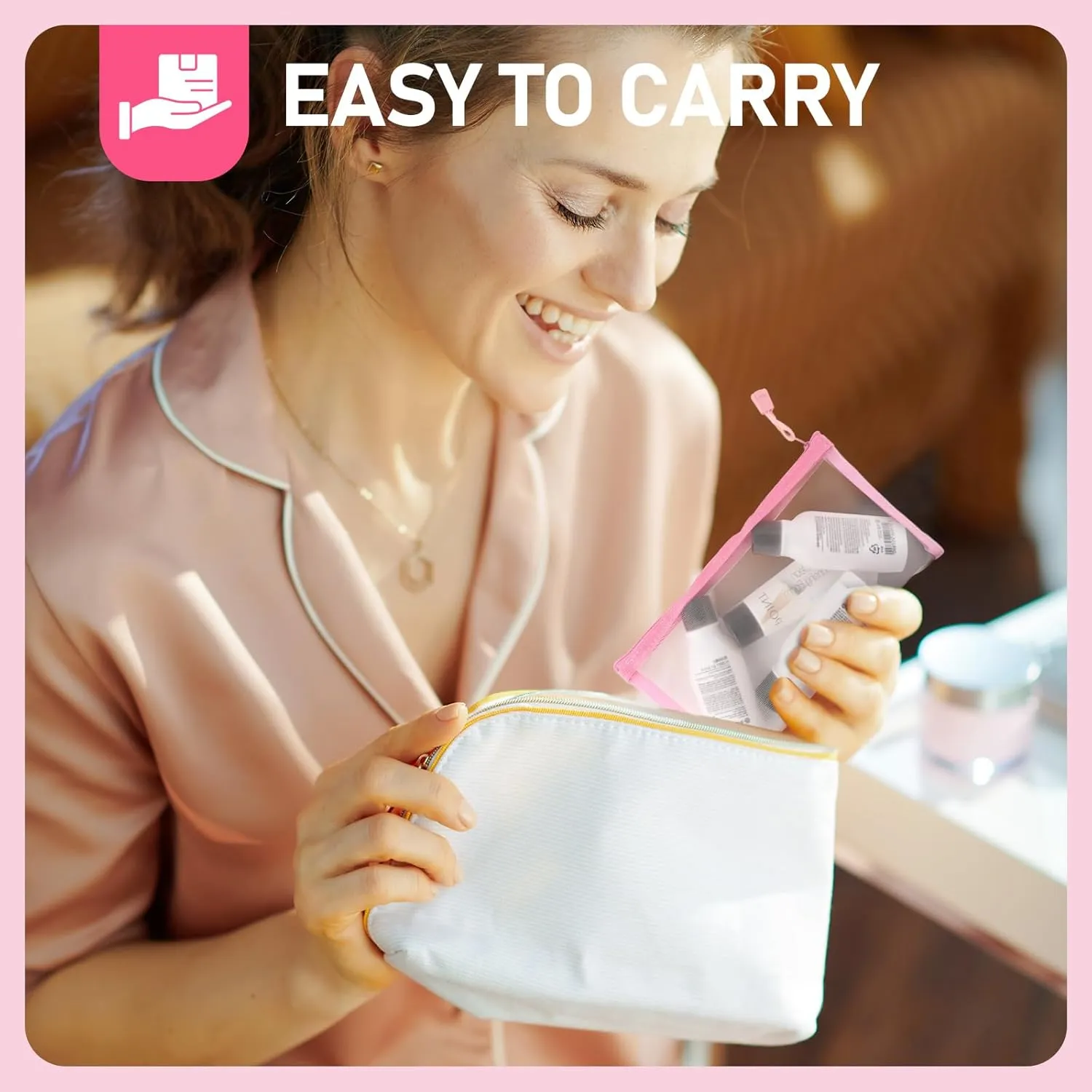 EASYFUN Mesh Zipper Bag Purse Organizer Makeup/Cosmetic Bag Travel Toiletry Bag Coin Pouch Daily Accessories(Pink)
