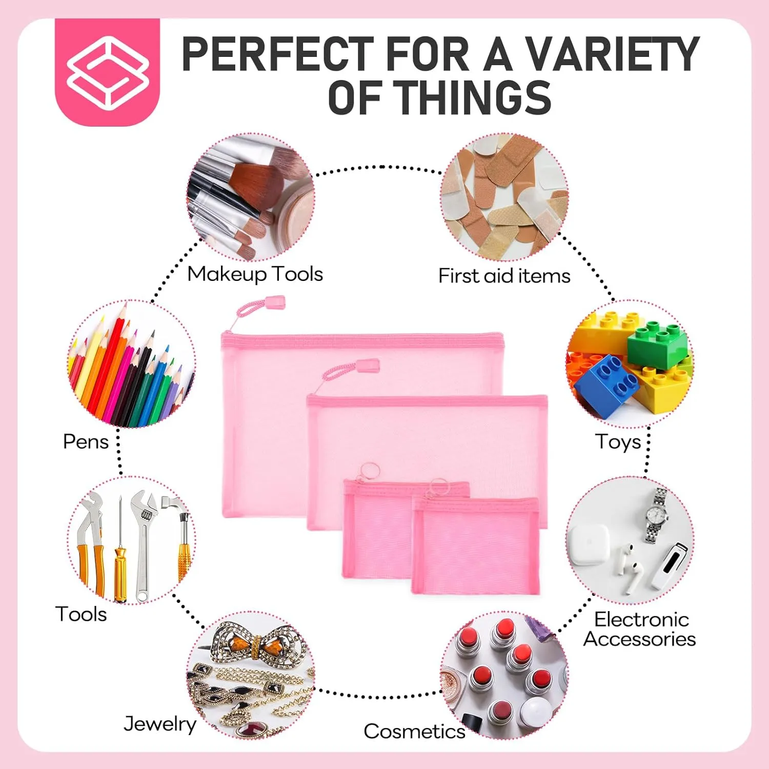 EASYFUN Mesh Zipper Bag Purse Organizer Makeup/Cosmetic Bag Travel Toiletry Bag Coin Pouch Daily Accessories(Pink)