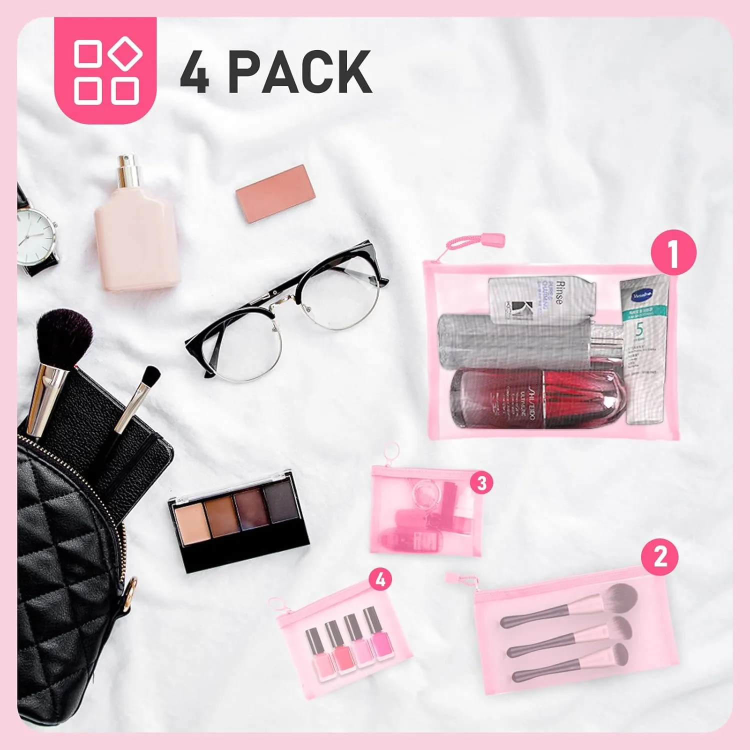 EASYFUN Mesh Zipper Bag Purse Organizer Makeup/Cosmetic Bag Travel Toiletry Bag Coin Pouch Daily Accessories(Pink)