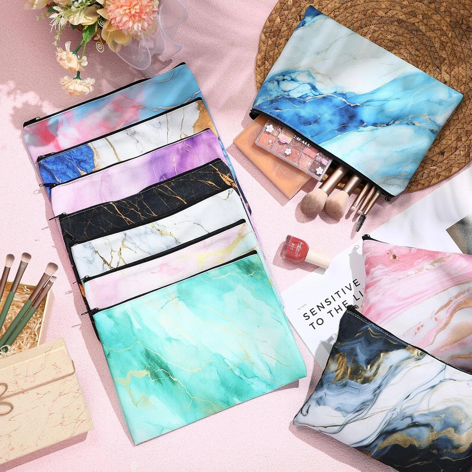 Eccliy 20 Pcs Marble Makeup Bag Cosmetic Bag Canvas Gifts Marble Themed Accessories for Girls Toiletry Pouch with Zipper for Women Party Shopping Home Travel, 9 x 7 Inch