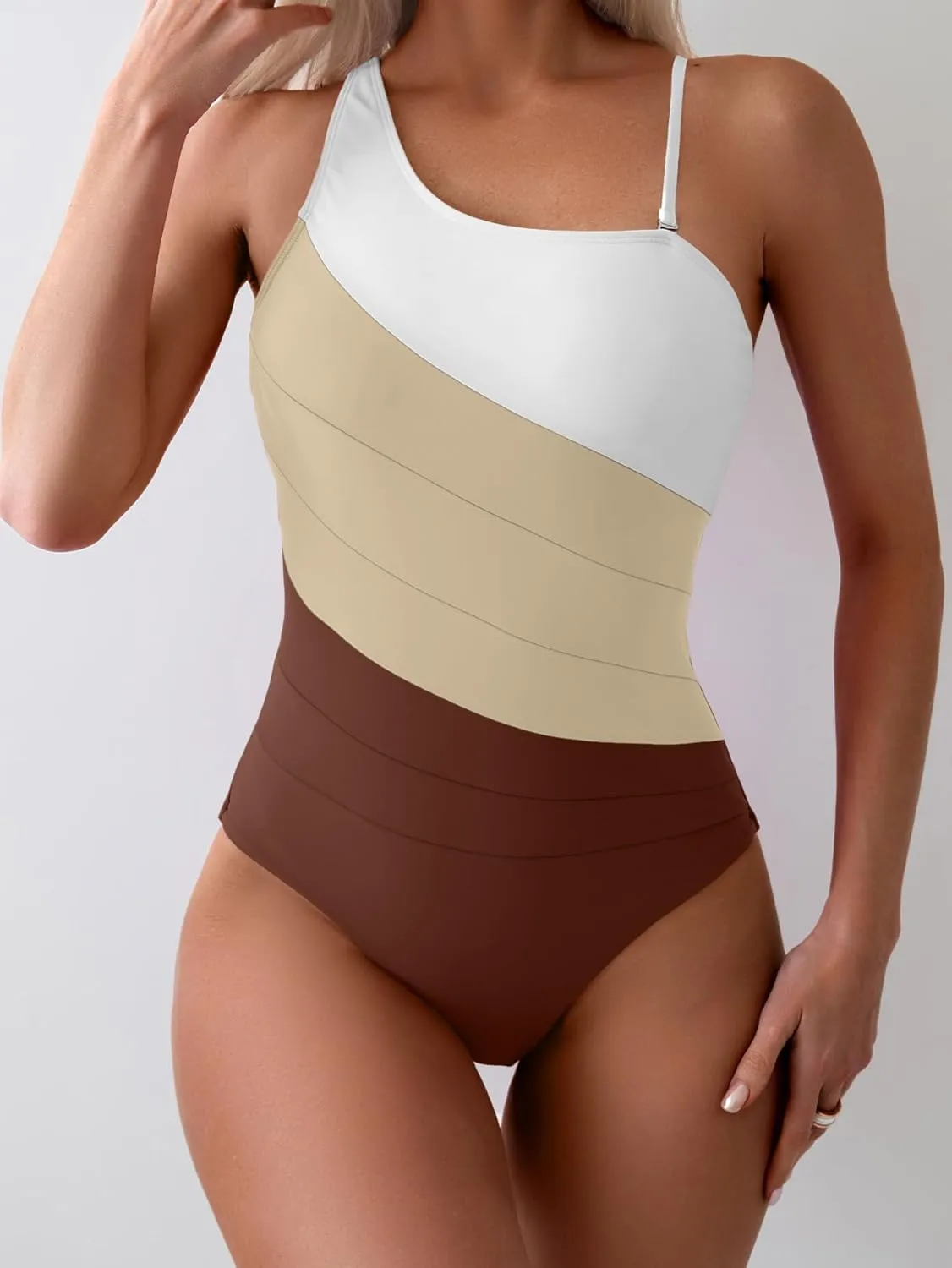 Eomenie Women's One Piece Tummy Control Swimsuit One Shoulder Bathing Suit Slimming Color Block Swimwear