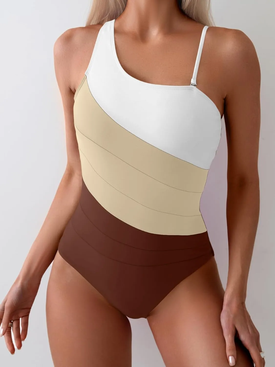 Eomenie Women's One Piece Tummy Control Swimsuit One Shoulder Bathing Suit Slimming Color Block Swimwear