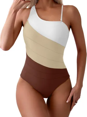Eomenie Women's One Piece Tummy Control Swimsuit One Shoulder Bathing Suit Slimming Color Block Swimwear