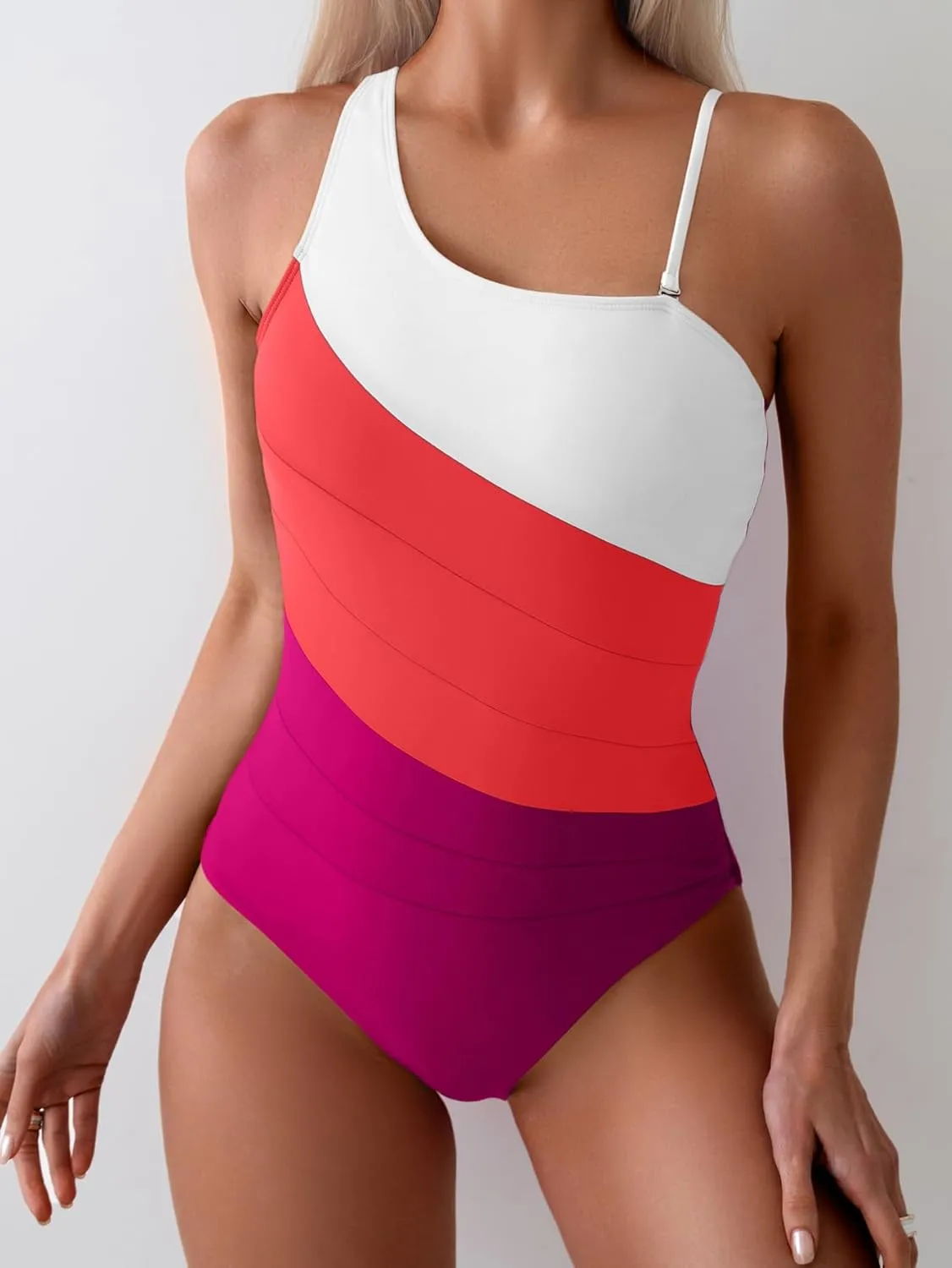 Eomenie Women's One Piece Tummy Control Swimsuit One Shoulder Bathing Suit Slimming Color Block Swimwear