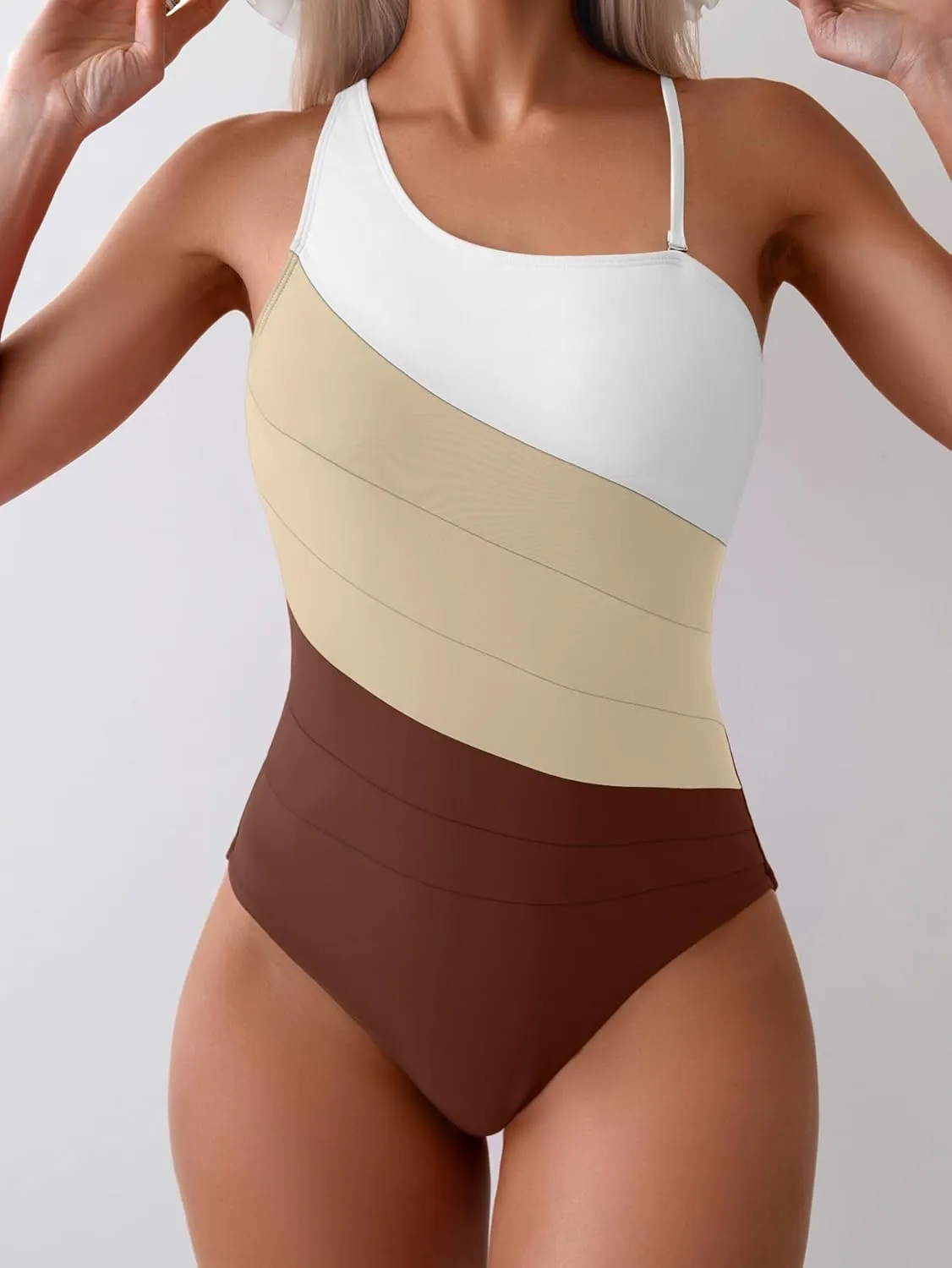 Eomenie Women's One Piece Tummy Control Swimsuit One Shoulder Bathing Suit Slimming Color Block Swimwear