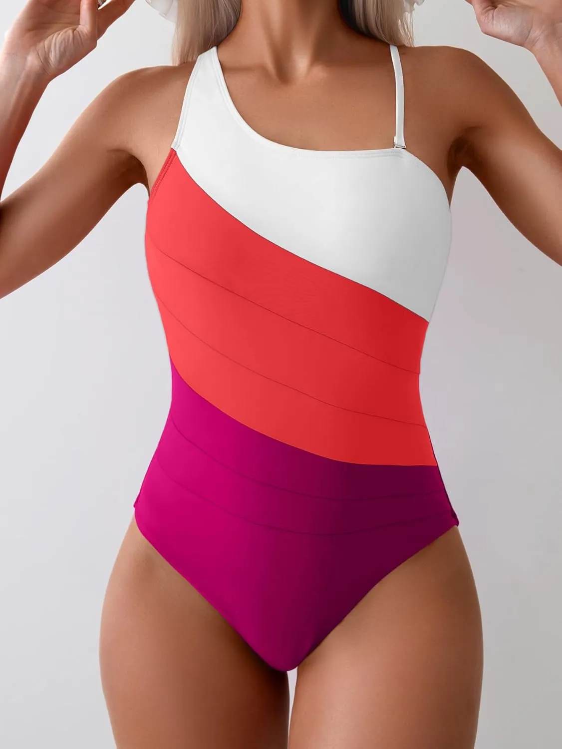 Eomenie Women's One Piece Tummy Control Swimsuit One Shoulder Bathing Suit Slimming Color Block Swimwear