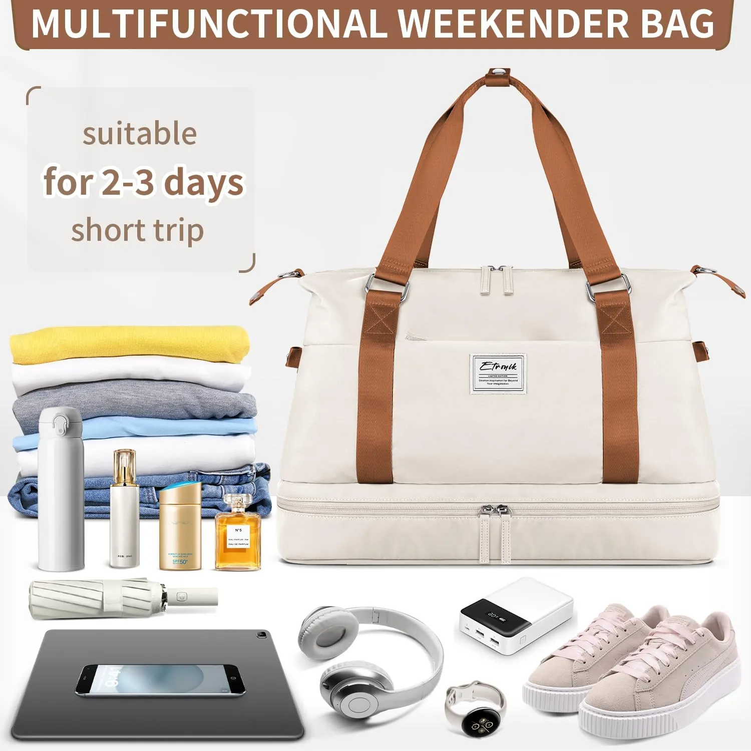 ETRONIK Weekender Bags for Women, Gym Bag with Shoes Compartment & Wet Pocket, Travel Duffel Bag with Trolley Sleeve for Personal Item Travel, Overnight Carry on Bag, Beige
