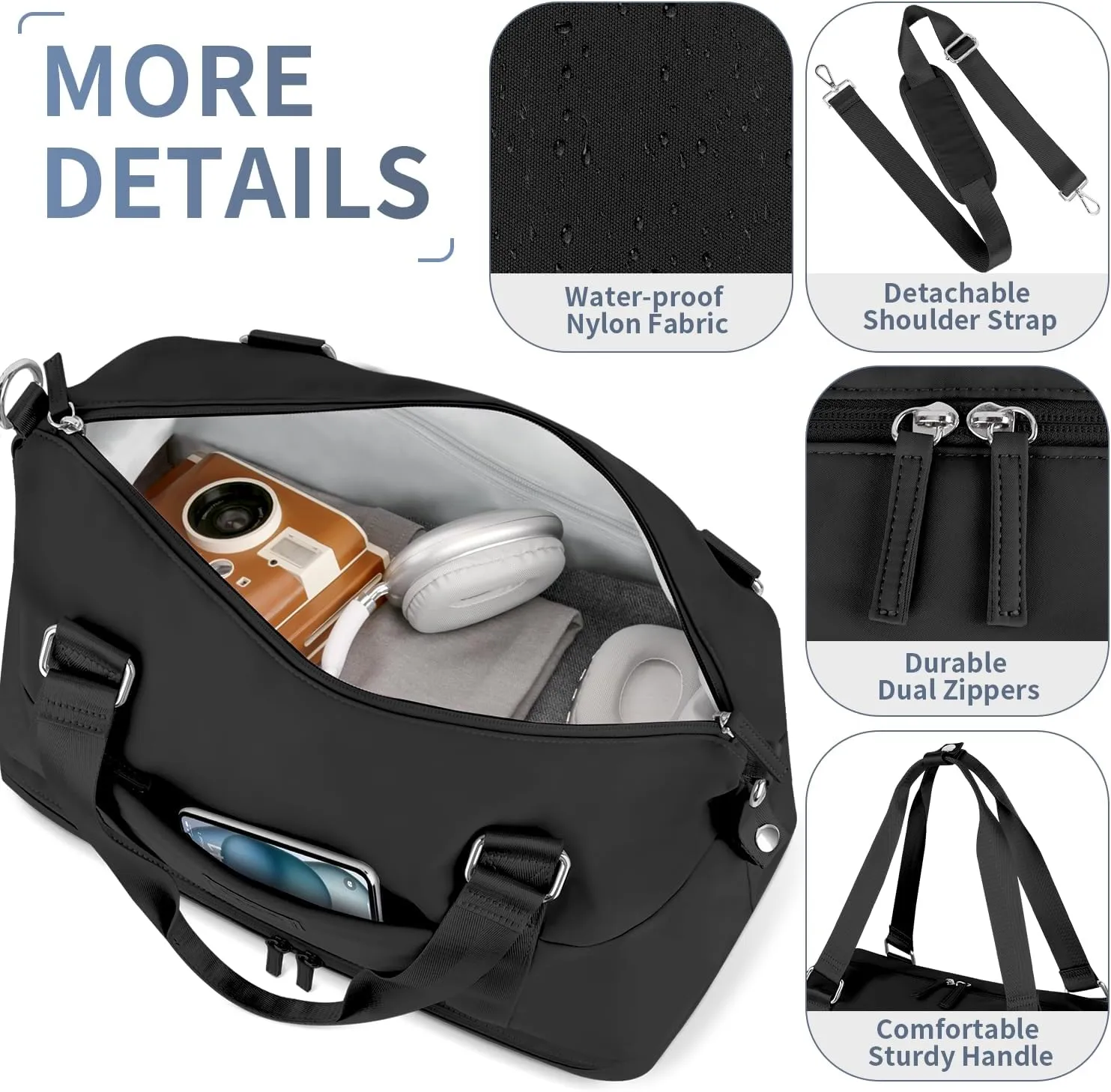 ETRONIK Weekender Bags for Women, Gym Bag with Shoes Compartment & Wet Pocket, Travel Duffel Bag with Trolley Sleeve for Personal Item Travel, Overnight Carry on Bag, Black