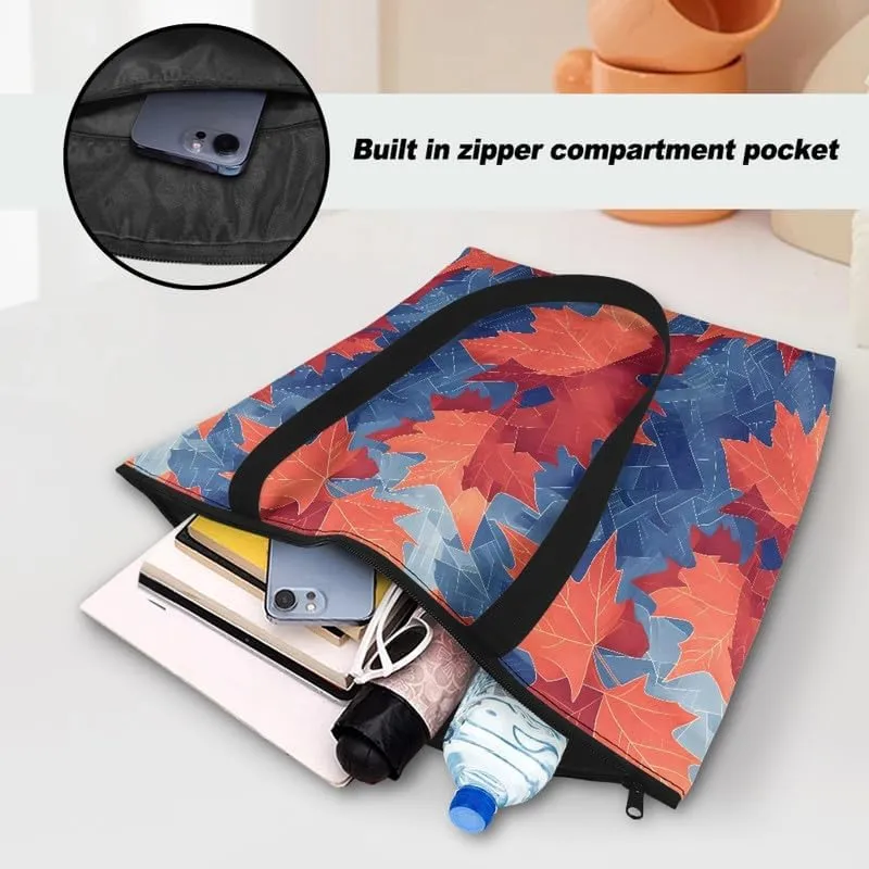Fall Maple Leaves Women Tote Bag with Pocket, Peacock Feather Lightweight Paper Tote, Polka Dot Commute Work Bag