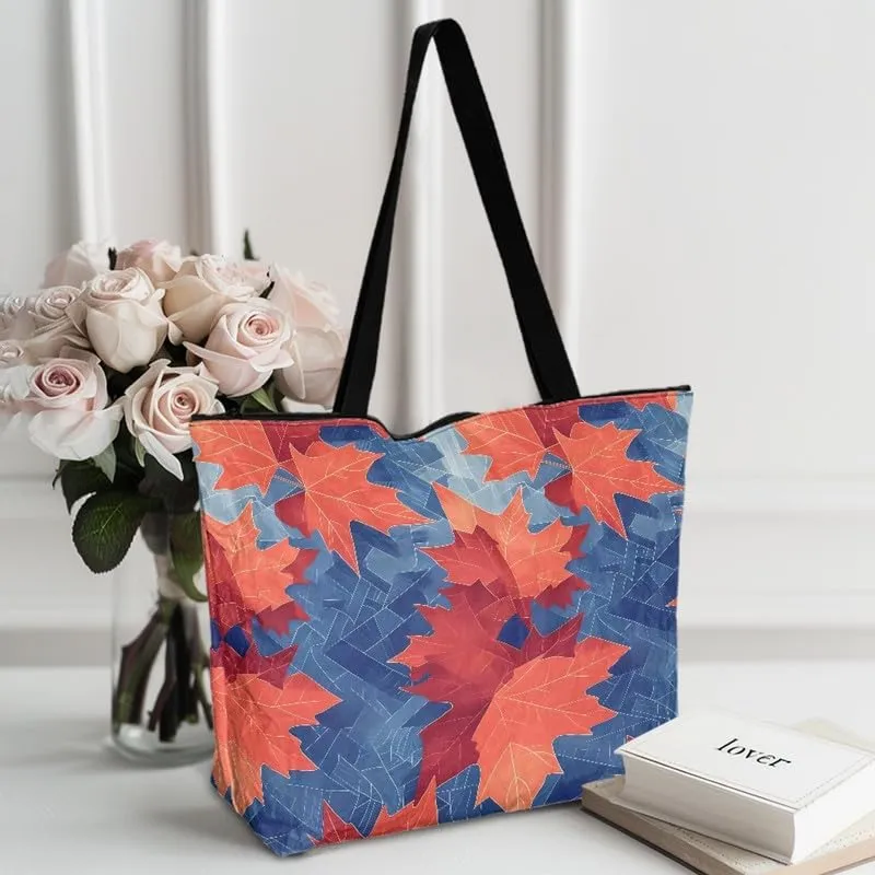Fall Maple Leaves Women Tote Bag with Pocket, Peacock Feather Lightweight Paper Tote, Polka Dot Commute Work Bag