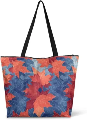 Fall Maple Leaves Women Tote Bag with Pocket, Peacock Feather Lightweight Paper Tote, Polka Dot Commute Work Bag