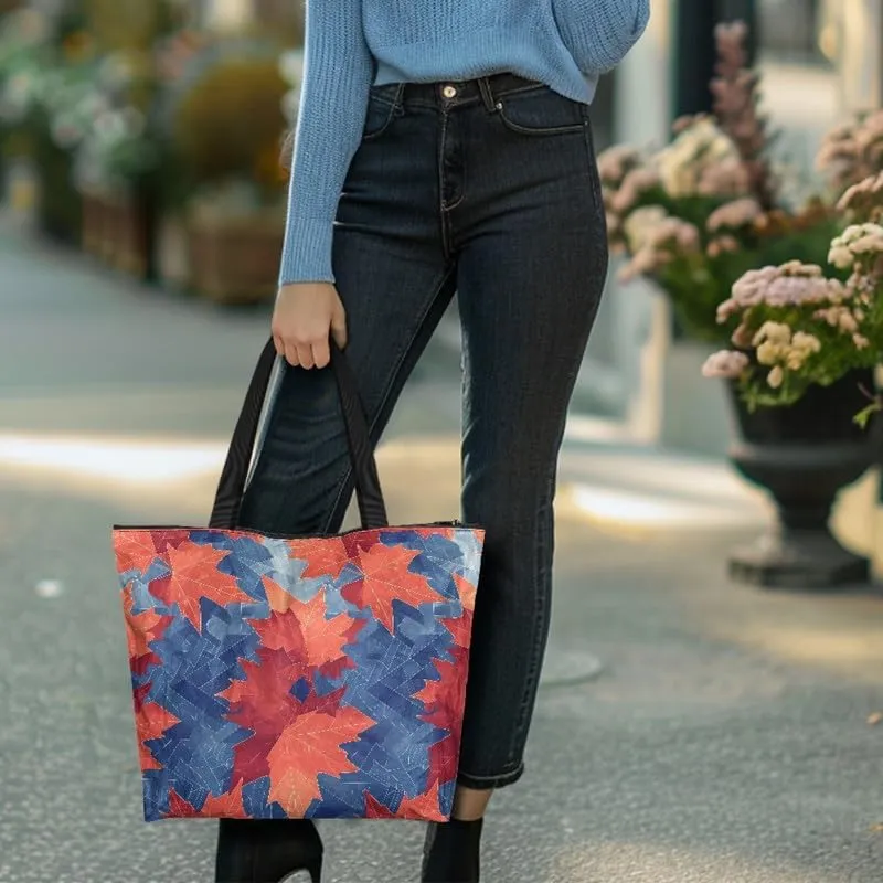 Fall Maple Leaves Women Tote Bag with Pocket, Peacock Feather Lightweight Paper Tote, Polka Dot Commute Work Bag