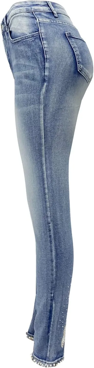 Female Slimming High Waisted Distressed Jeans with Embroidered Stones for A Fit Look Tall Women on Pants