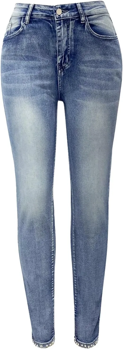 Female Slimming High Waisted Distressed Jeans with Embroidered Stones for A Fit Look Tall Women on Pants
