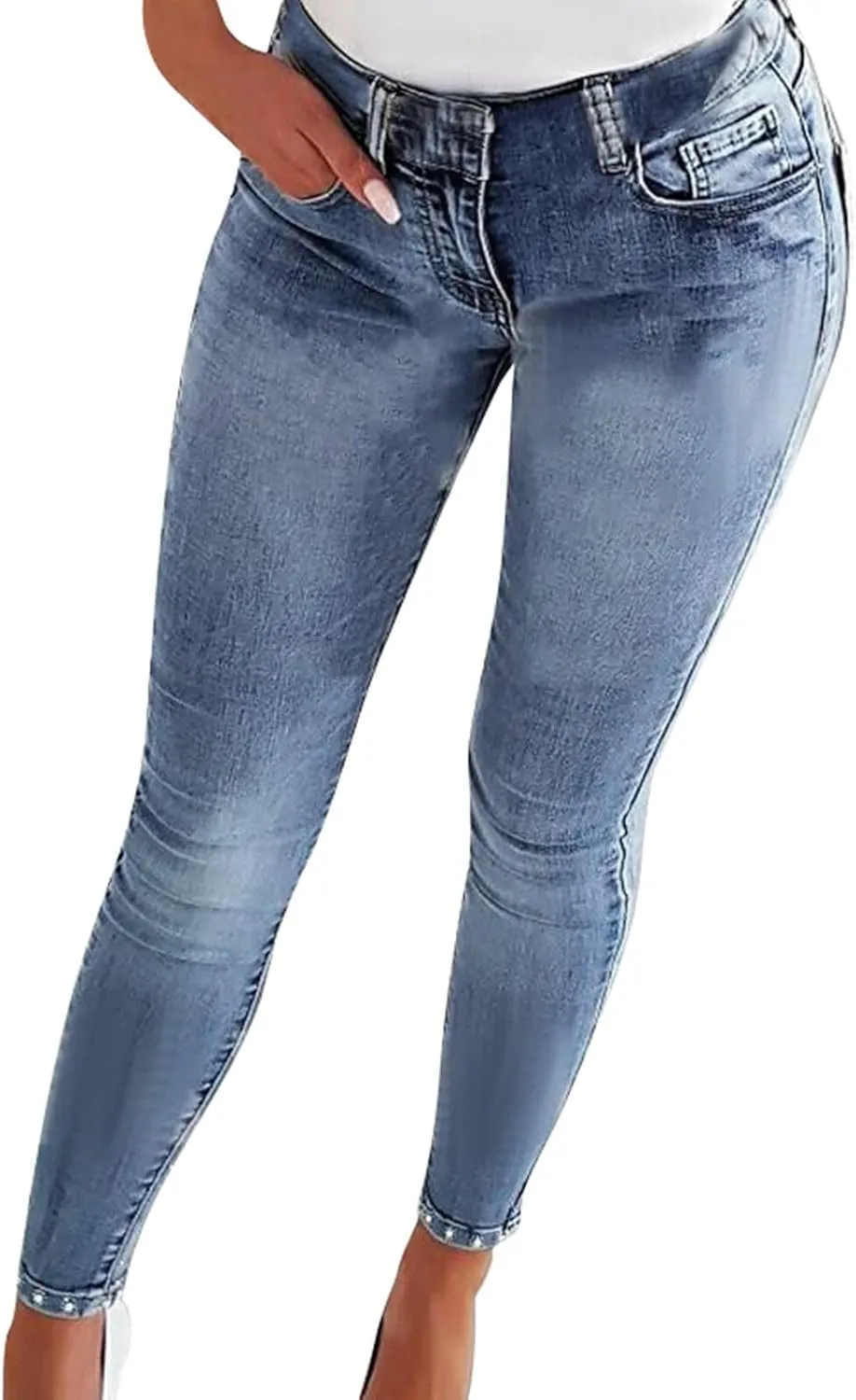 Female Slimming High Waisted Distressed Jeans with Embroidered Stones for A Fit Look Tall Women on Pants