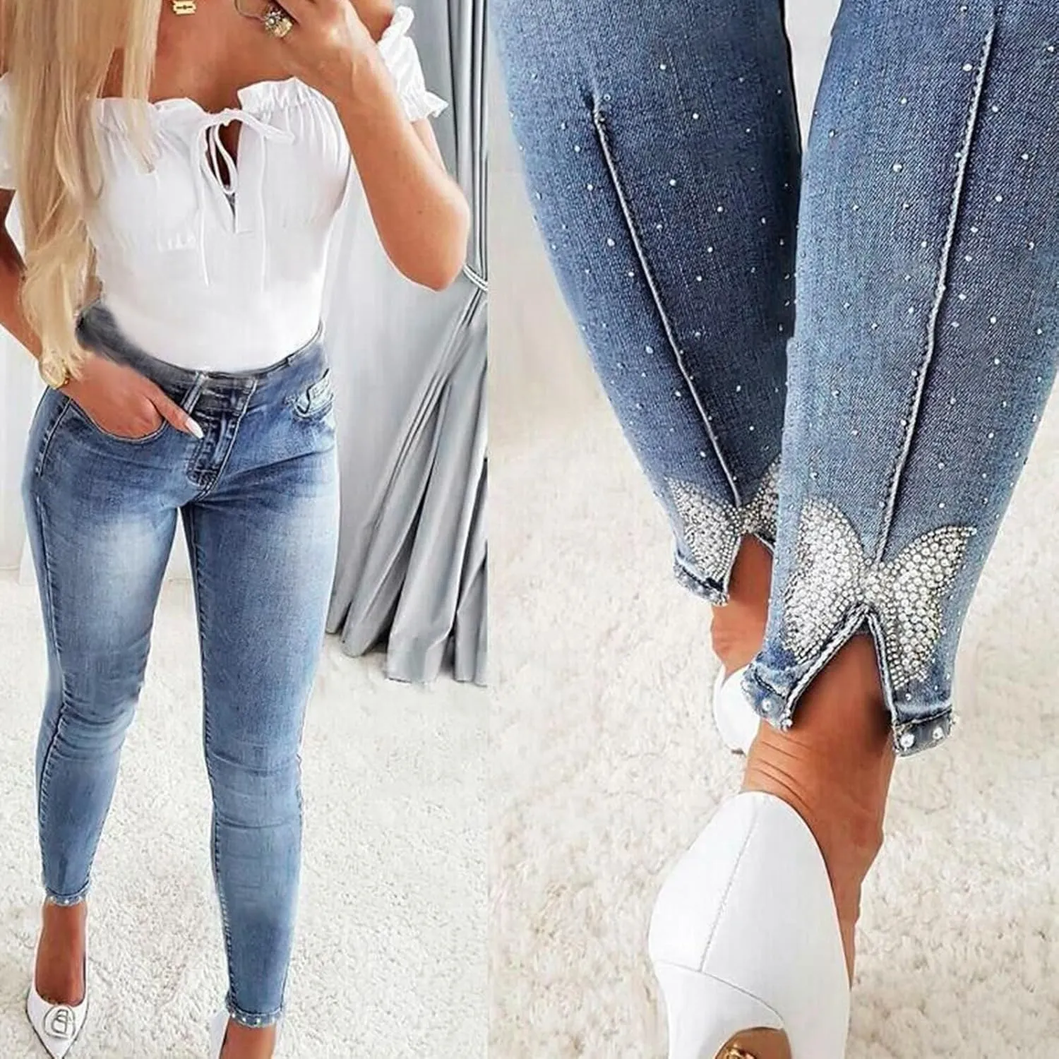 Female Slimming High Waisted Distressed Jeans with Embroidered Stones for A Fit Look Tall Women on Pants