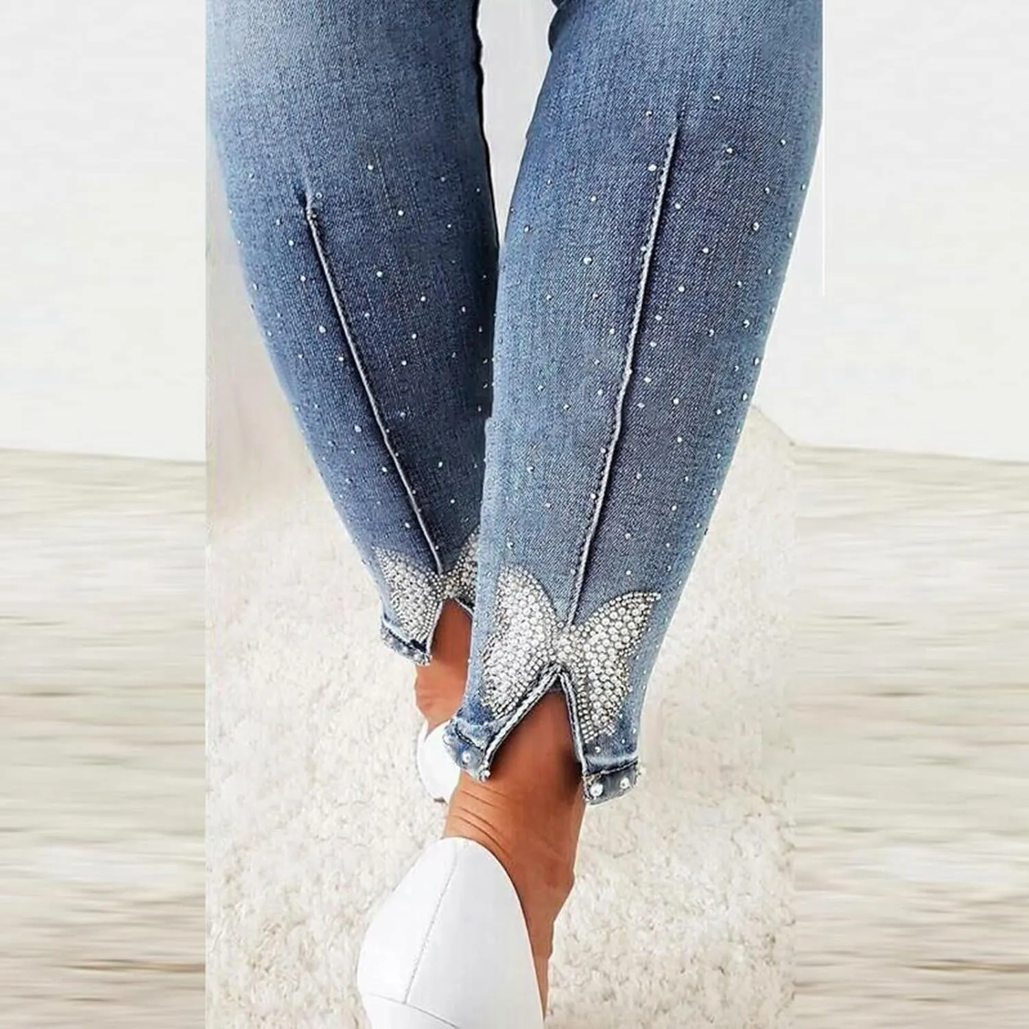Female Slimming High Waisted Distressed Jeans with Embroidered Stones for A Fit Look Tall Women on Pants