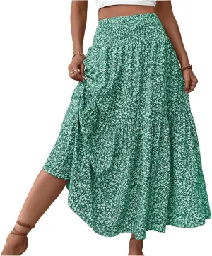 Floral Maxi Skirt for Women High Elastic Waisted Ruffle Skirts A-Line Flowy Swing Boho Long Skirts Summer Beach Vacation