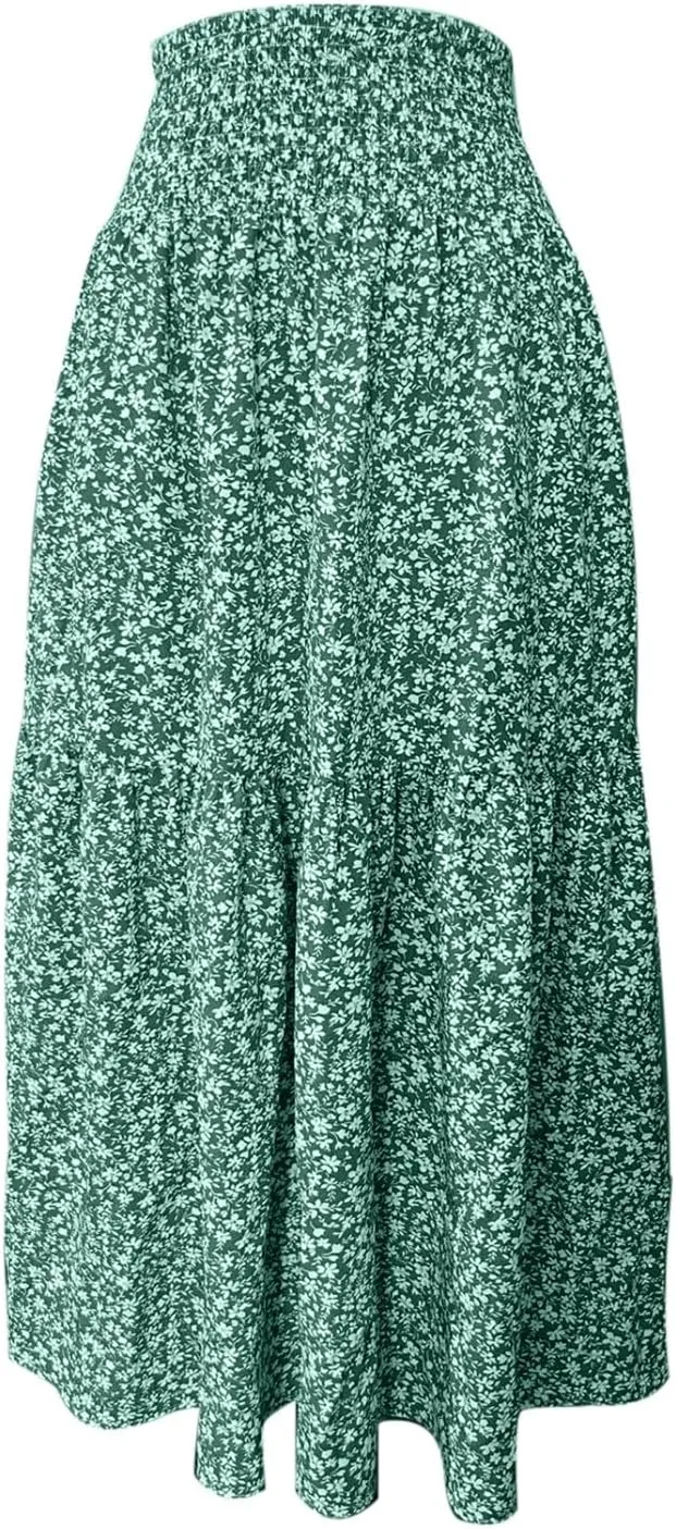 Floral Maxi Skirt for Women High Elastic Waisted Ruffle Skirts A-Line Flowy Swing Boho Long Skirts Summer Beach Vacation