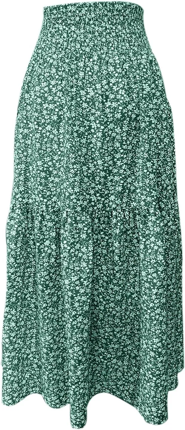 Floral Maxi Skirt for Women High Elastic Waisted Ruffle Skirts A-Line Flowy Swing Boho Long Skirts Summer Beach Vacation