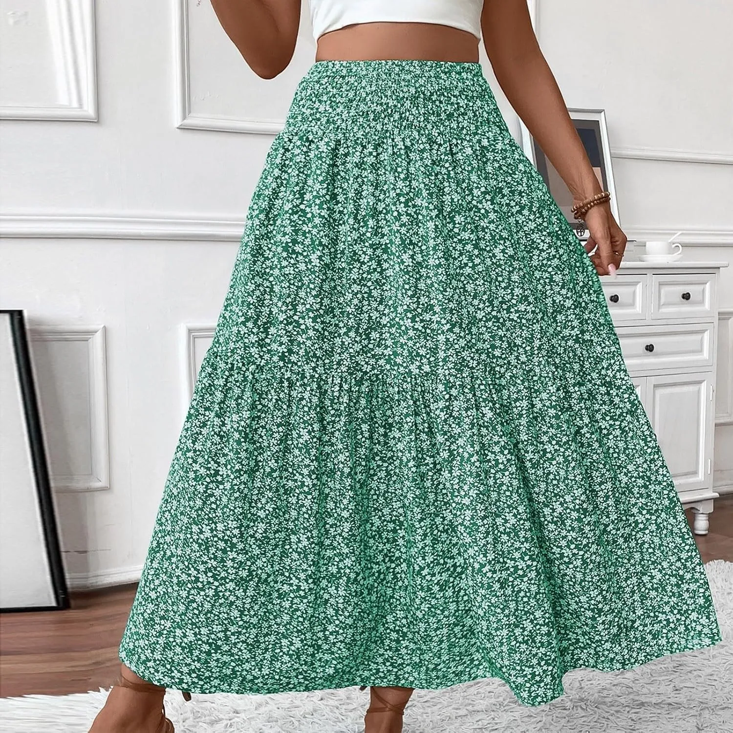 Floral Maxi Skirt for Women High Elastic Waisted Ruffle Skirts A-Line Flowy Swing Boho Long Skirts Summer Beach Vacation