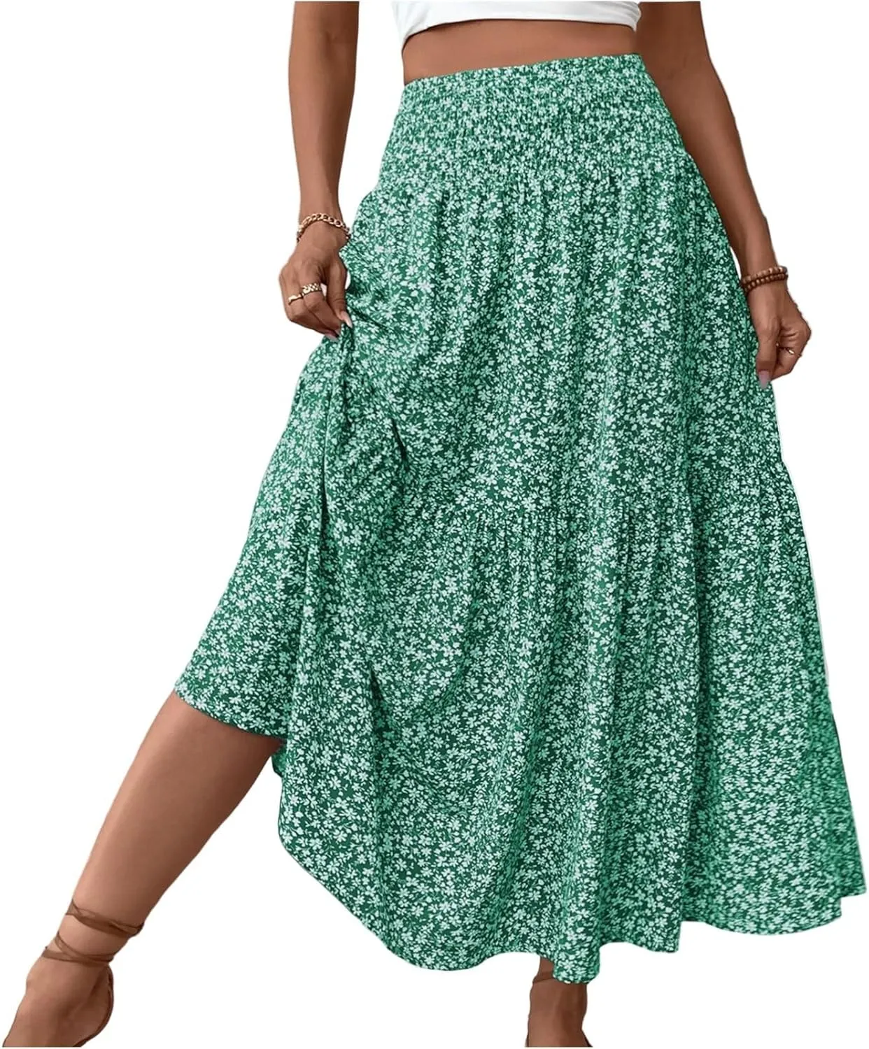 Floral Maxi Skirt for Women High Elastic Waisted Ruffle Skirts A-Line Flowy Swing Boho Long Skirts Summer Beach Vacation