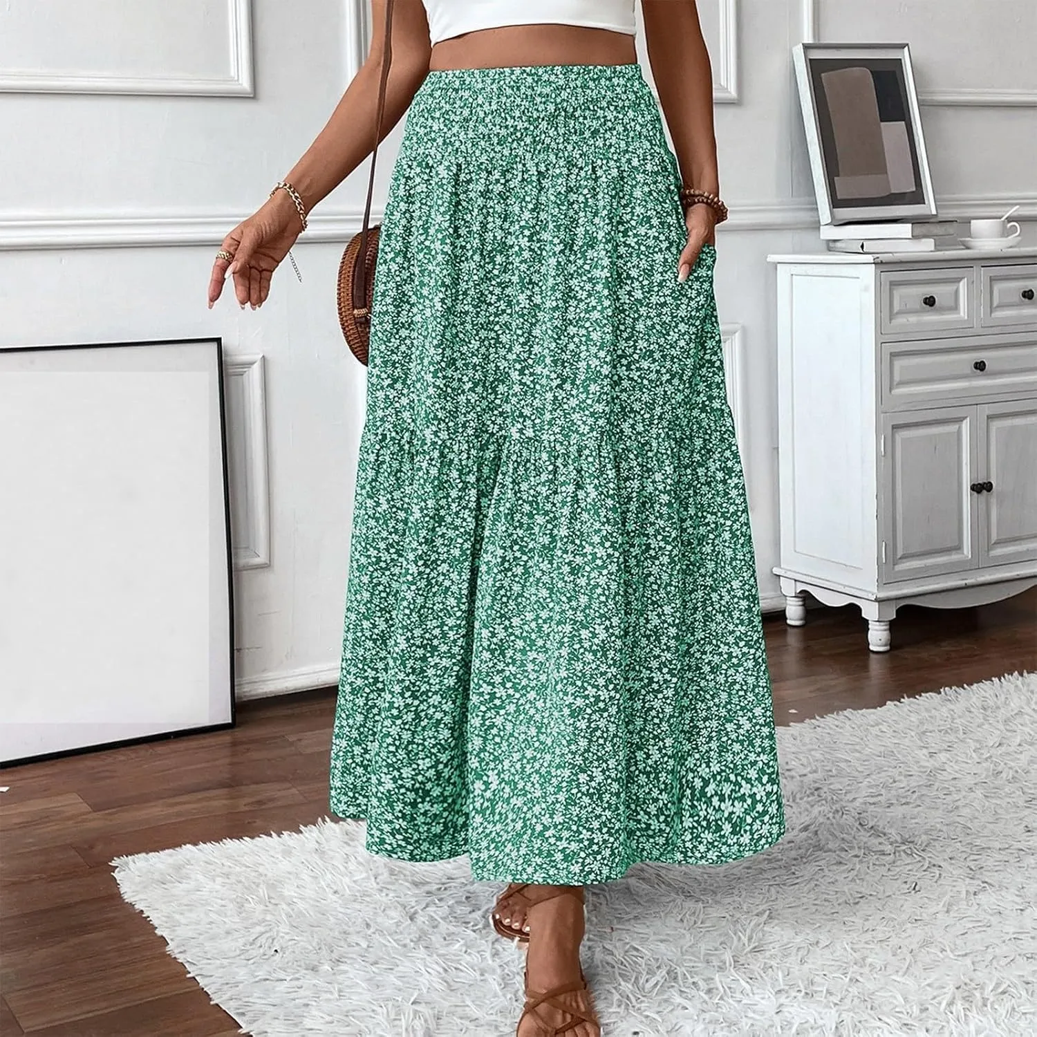 Floral Maxi Skirt for Women High Elastic Waisted Ruffle Skirts A-Line Flowy Swing Boho Long Skirts Summer Beach Vacation