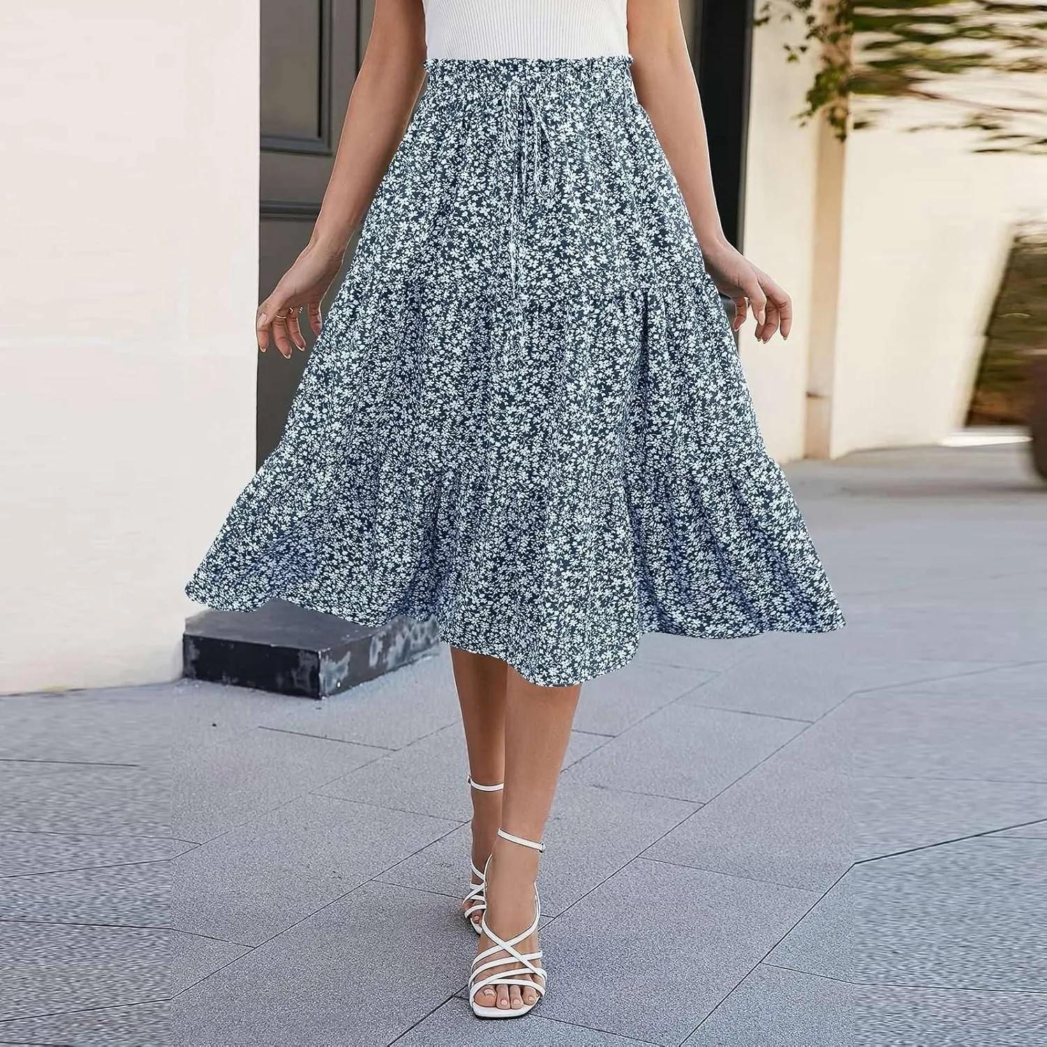 Floral Maxi Skirt for Women Summer Comfy Tiered Elastic High Waisted Boho Skirts Vacation A-Line Flowy Swing Long Skirts