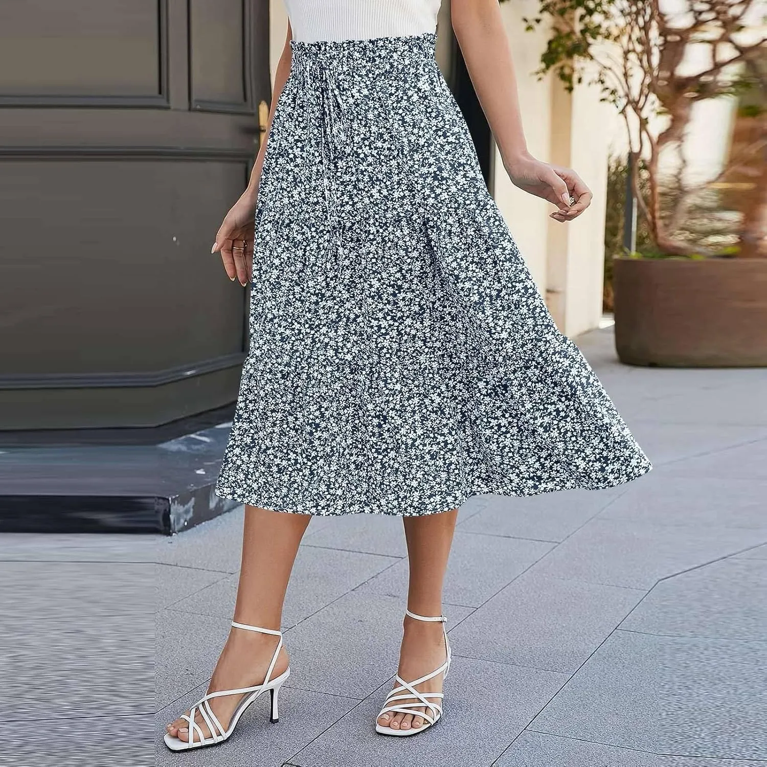 Floral Maxi Skirt for Women Summer Comfy Tiered Elastic High Waisted Boho Skirts Vacation A-Line Flowy Swing Long Skirts