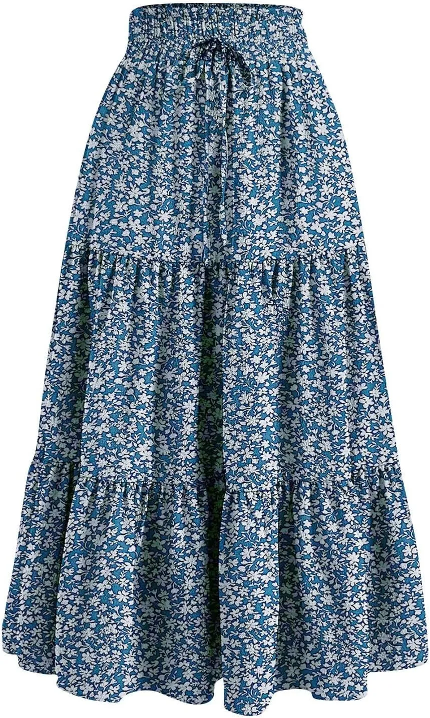 Floral Maxi Skirt for Women Summer Comfy Tiered Elastic High Waisted Boho Skirts Vacation A-Line Flowy Swing Long Skirts