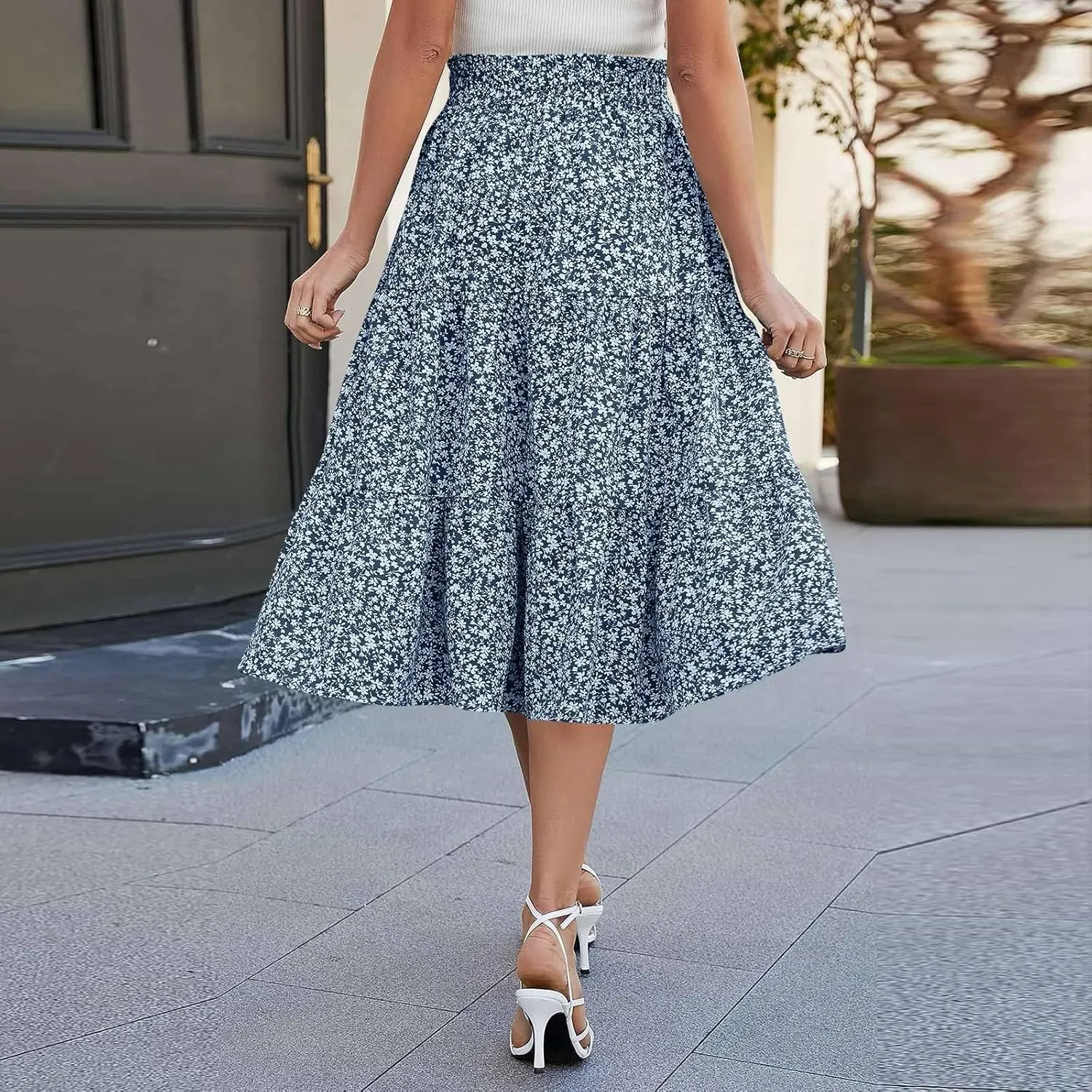 Floral Maxi Skirt for Women Summer Comfy Tiered Elastic High Waisted Boho Skirts Vacation A-Line Flowy Swing Long Skirts